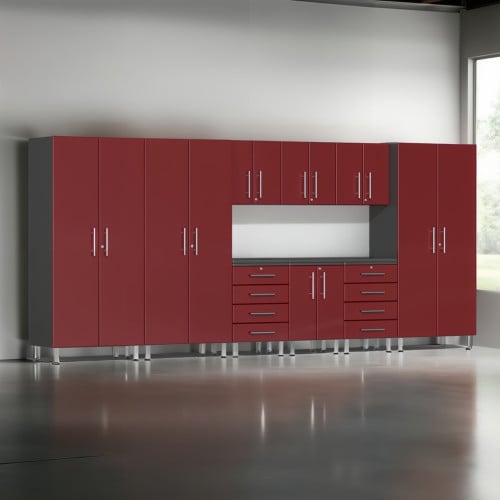 Red Modular 10 Piece Garage Cabinet Kit with Recessed Worktop