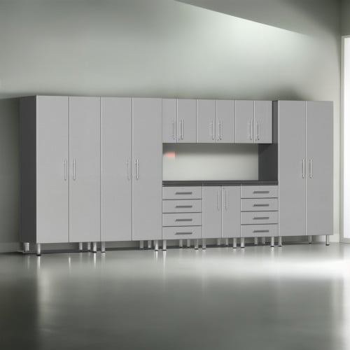 Silver Modular 10 Piece Garage Cabinet Kit with Recessed Worktop