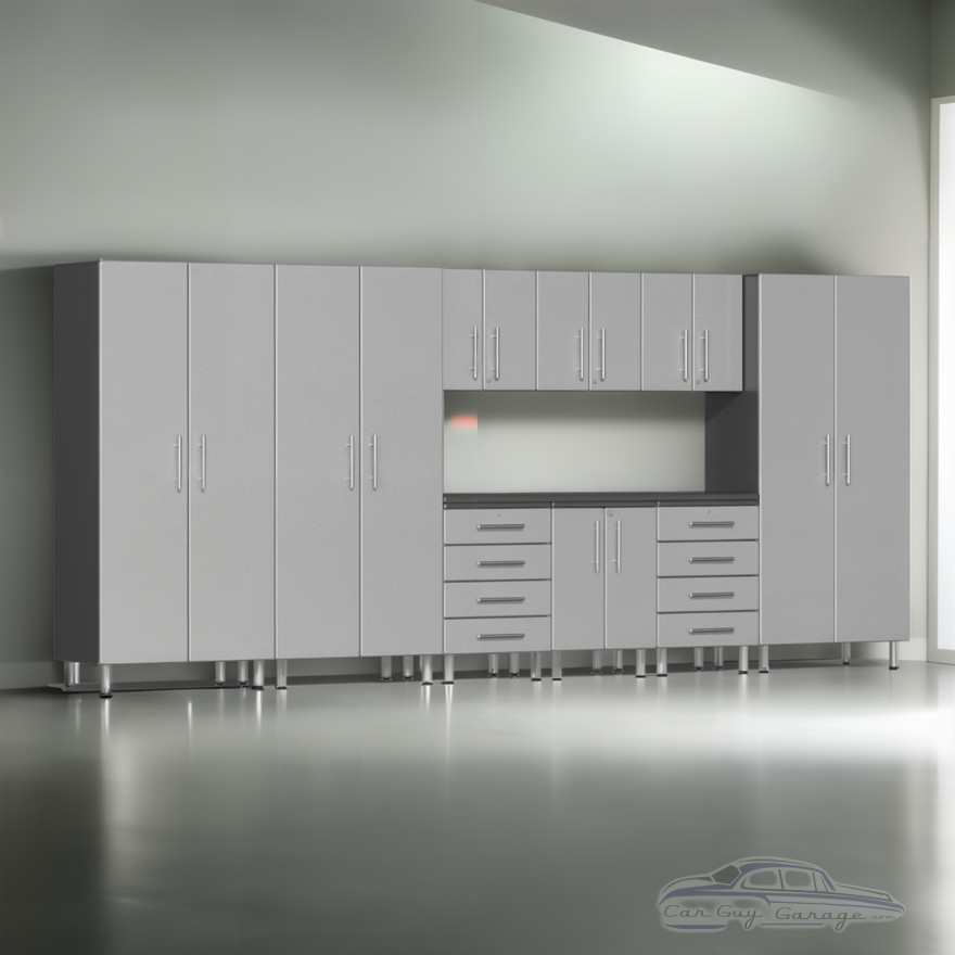 Silver Modular 10 Piece Garage Cabinet Kit with Recessed Worktop Silver Modular 10 Piece Garage Cabinet Kit with Recessed Worktop