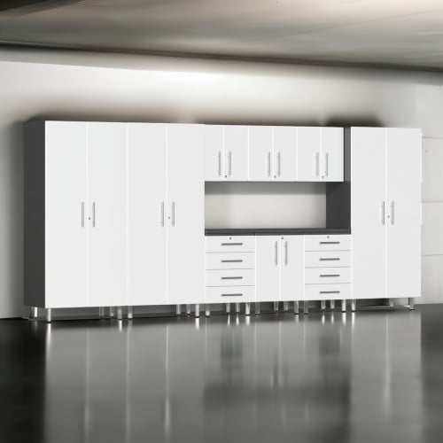 White Modular 10 Piece Garage Cabinet Kit with Recessed Worktop
