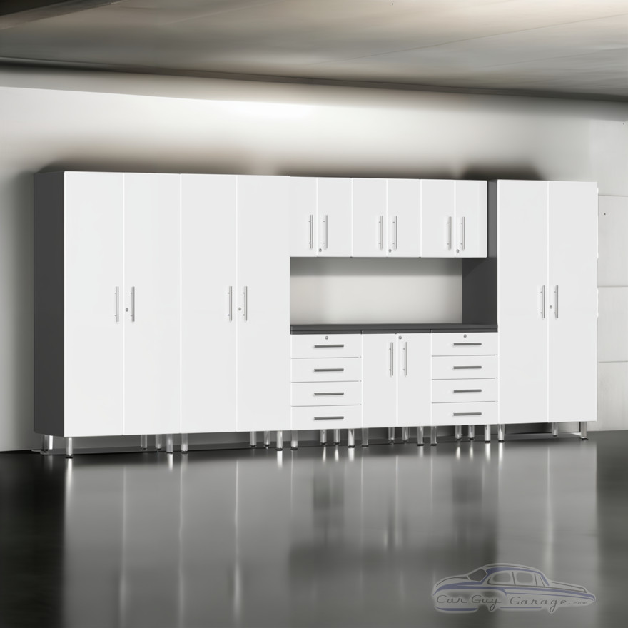 White Modular 10 Piece Garage Cabinet Kit with Recessed Worktop White Modular 10 Piece Garage Cabinet Kit with Recessed Worktop