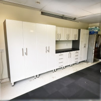White Modular 10 Piece Garage Cabinet Kit with Recessed Worktop