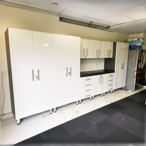 White Modular 10 Piece Garage Cabinet Kit with Recessed Worktop