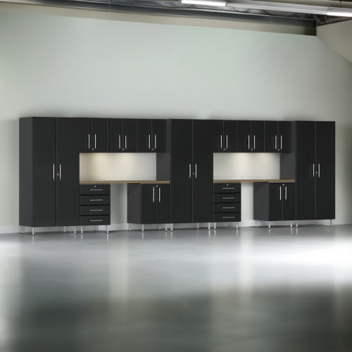 Black Modular 15 Piece Garage Cabinet Kit with Dual Workstation