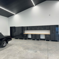 Black Modular 15 Piece Garage Cabinet Kit with Dual Workstation