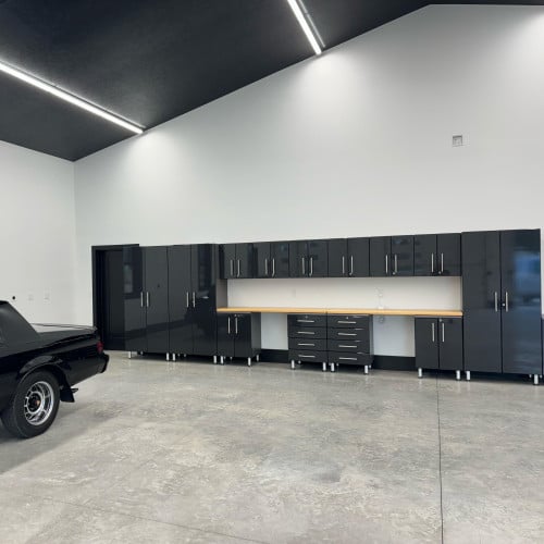 Black Modular 15 Piece Garage Cabinet Kit with Dual Workstation
