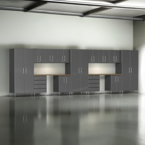 Grey Modular 15 Piece Garage Cabinet Kit with Dual Workstation