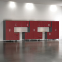 Red Modular Ulti-Mate 15-Piece Garage Cabinet Set w/ Dual Workbenches