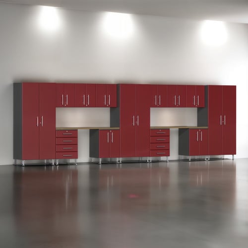 Red Modular 15 Piece Garage Cabinet Kit with Dual Workstation