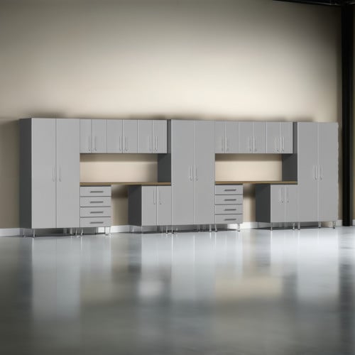 Silver Modular 15 Piece Garage Cabinet Kit with Dual Workstation