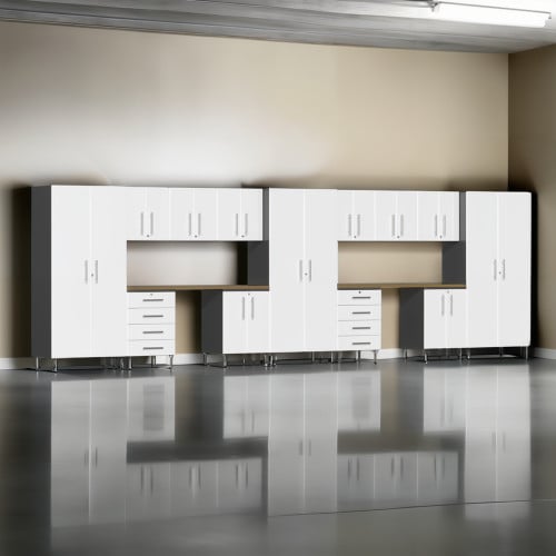 White Modular 15 Piece Garage Cabinet Kit with Dual Workstation