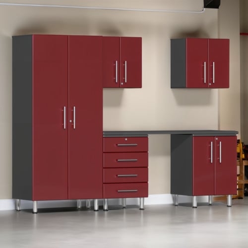 Red Modular 6 Piece Garage Cabinet Kit with Workstation
