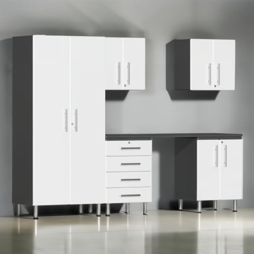 White Modular 6 Piece Garage Cabinet Kit with Workstation