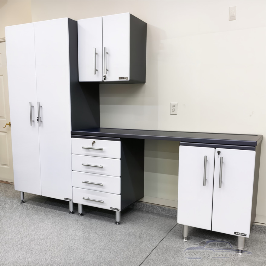 White Modular 5 Piece Garage Cabinet Kit with Workstation White Modular 5 Piece Garage Cabinet Kit with Workstation