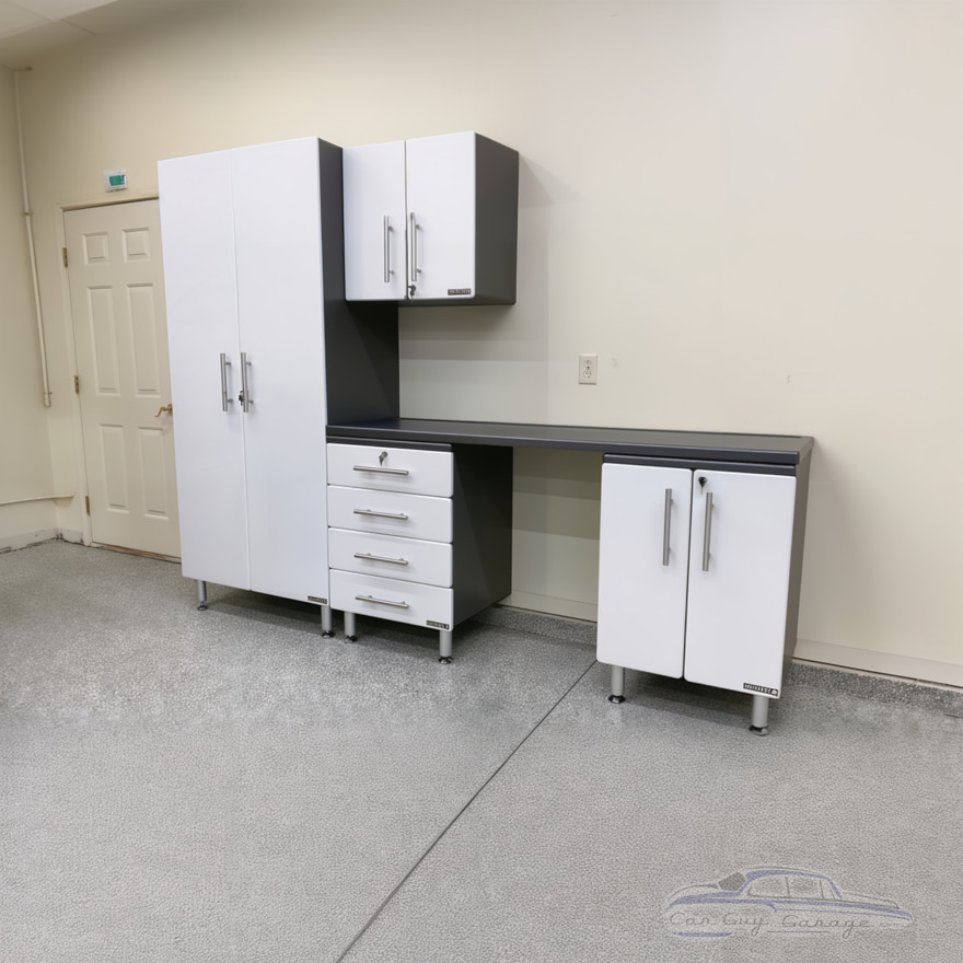 White Modular 5 Piece Garage Cabinet Kit with Workstation White Modular 5 Piece Garage Cabinet Kit with Workstation