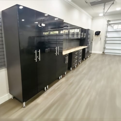 Black Modular 16 Piece Garage Cabinet Kit with Dual Workstation