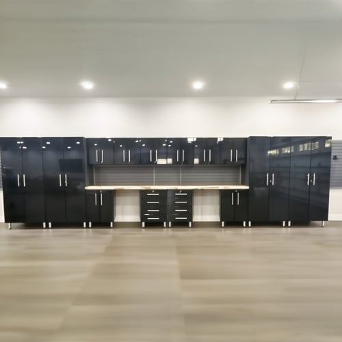 Black Modular 16 Piece Garage Cabinet Kit with Dual Workstation