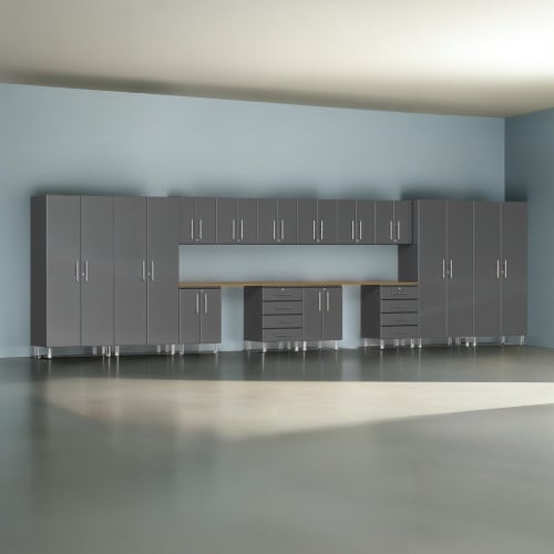 Grey Modular 16 Piece Garage Cabinet Kit with Dual Workstation