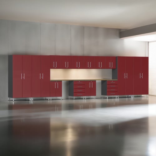 Red Modular 16 Piece Garage Cabinet Kit with Dual Workstation