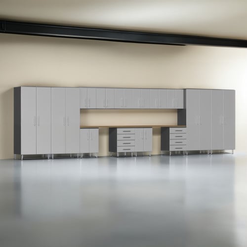 Silver Modular 16 Piece Garage Cabinet Kit with Dual Workstation