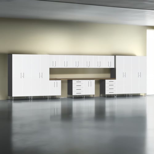 White Modular 16 Piece Garage Cabinet Kit with Dual Workstation