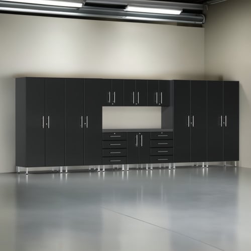 Black Modular 11 Piece Garage Cabinet Kit with Workstation