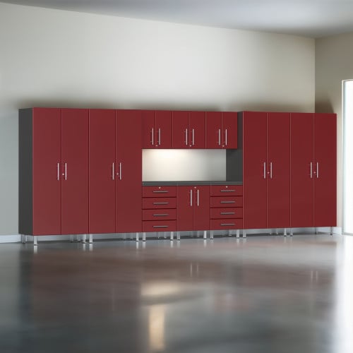 Red Modular 11 Piece Garage Cabinet Kit with Workstation
