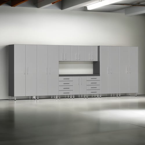 Silver Modular 11 Piece Garage Cabinet Kit with Workstation