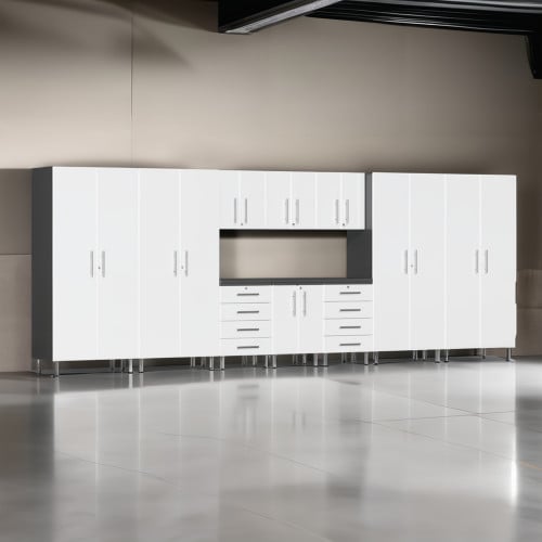 White Modular 11 Piece Garage Cabinet Kit with Workstation