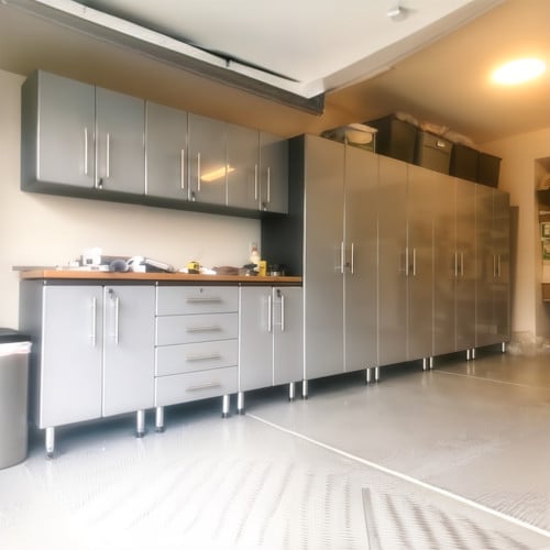 Silver Modular 11-Piece Garage Cabinet Set with Bamboo Workbench Top