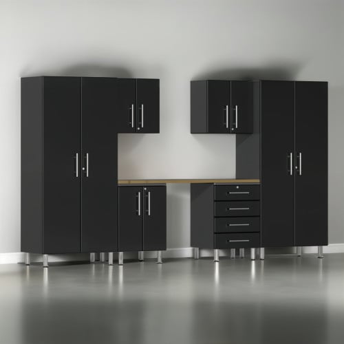 Black Modular 7 Piece Garage Cabinet Kit with Workstation