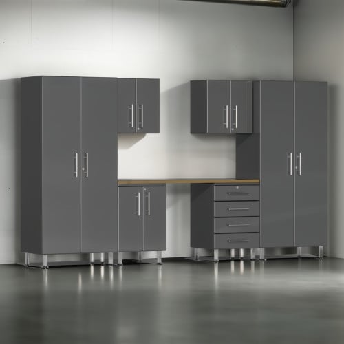 Grey Modular 7 Piece Garage Cabinet Kit with Workstation