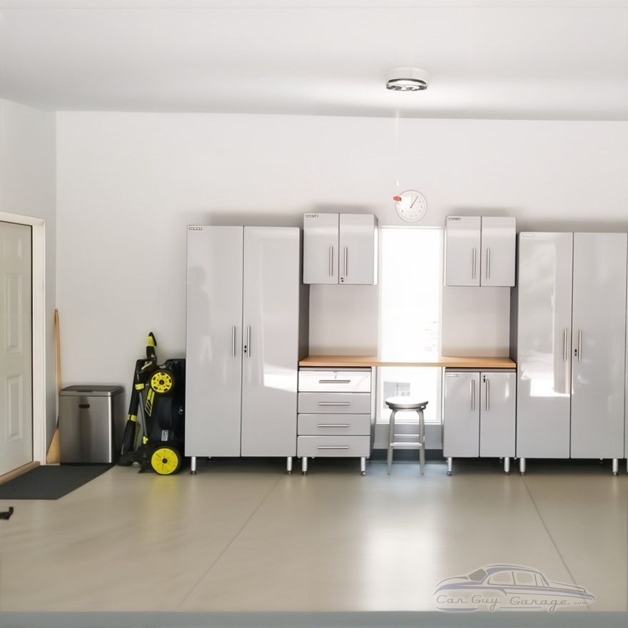 Silver Modular 7 Piece Garage Cabinet Kit with Workstation Silver Modular 7 Piece Garage Cabinet Kit with Workstation