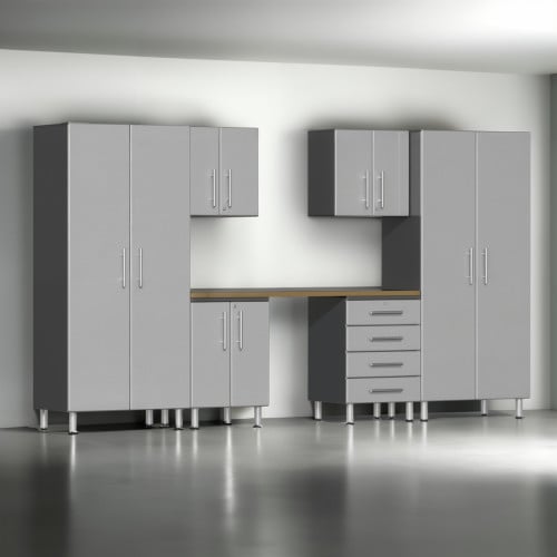 Silver Modular 7 Piece Garage Cabinet Kit with Workstation