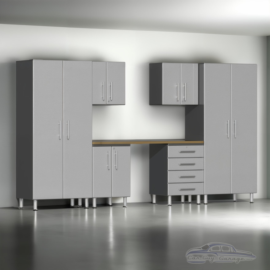 Silver Modular 7 Piece Garage Cabinet Kit with Workstation Silver Modular 7 Piece Garage Cabinet Kit with Workstation