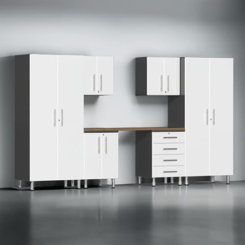 White Modular 7 Piece Garage Cabinet Kit with Bamboo Workstation
