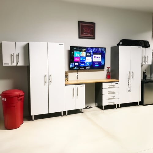 White Modular 7 Piece Garage Cabinet Kit with Bamboo Workstation