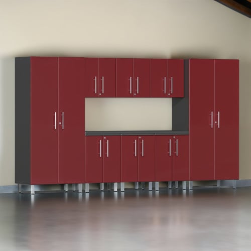 Red Modular 9 Piece Garage Cabinet Kit with Worktop