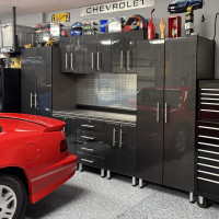 Black Modular 9-Piece Garage Cabinet System with 71 in. Bamboo Worktop