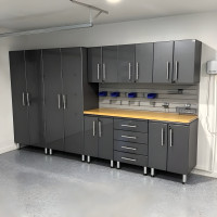 Grey Modular 9-Piece Garage Cabinet Kit with Bamboo Worktop