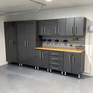 Grey Modular 9-Piece Garage Cabinet Kit with Bamboo Worktop