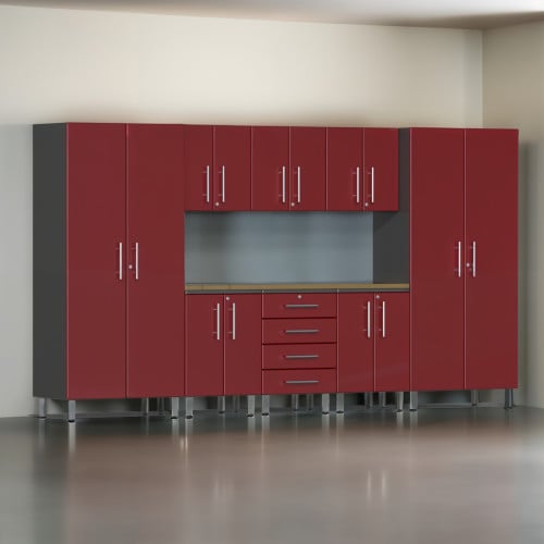 Red Modular 9 Piece Garage Cabinet Kit with Worktop