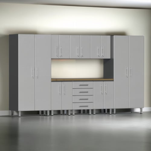 Silver Modular 9 Piece Garage Cabinet Kit with Worktop