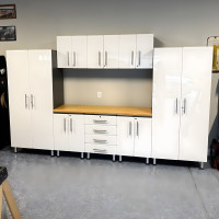 White Modular 9-Piece Ulti-Mate Garage Cabinet Set with Bamboo Worktop