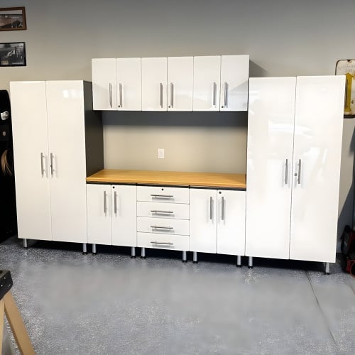 White Modular 9 Piece Garage Cabinet Kit with Worktop