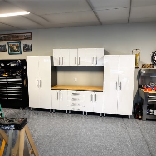 White Modular 9 Piece Garage Cabinet Kit with Worktop