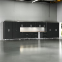 Black Modular 17-Piece Garage Cabinet System with Bamboo Workbench