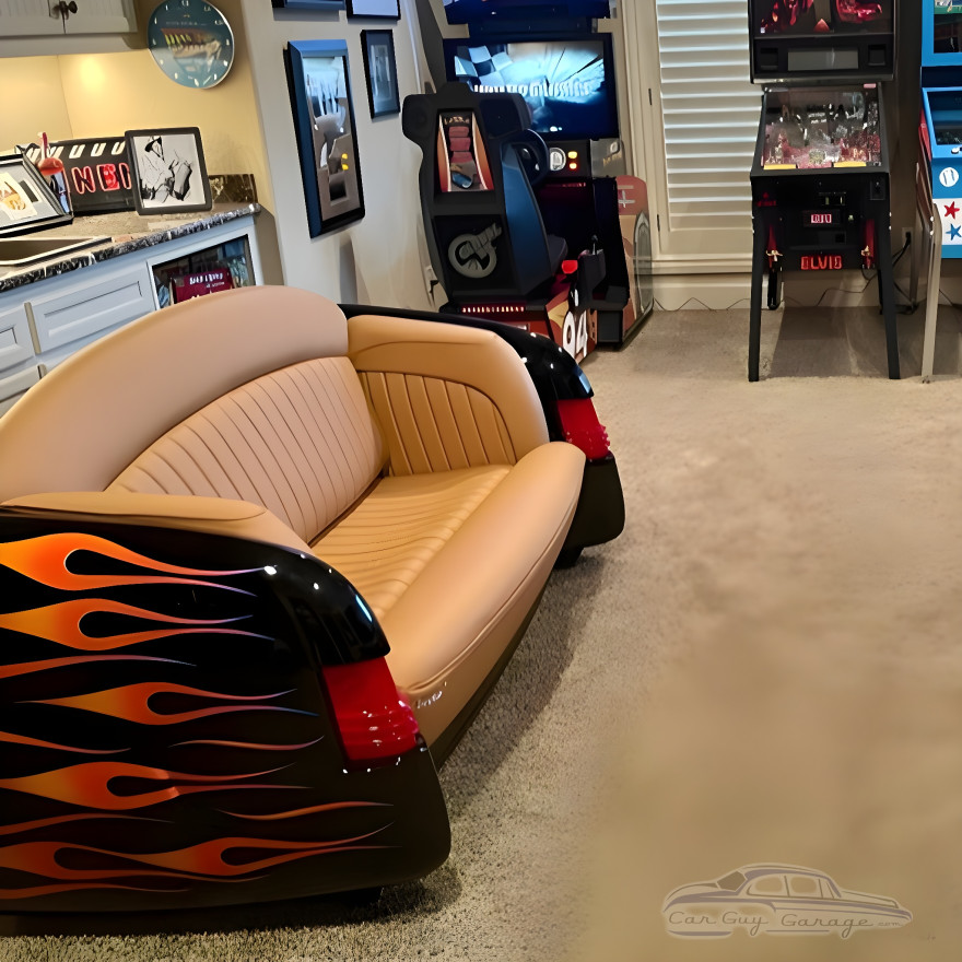 1951 Black Mercury with Flames Tan Leather Couch 1951 Black Mercury with Flames Tan Leather Couch