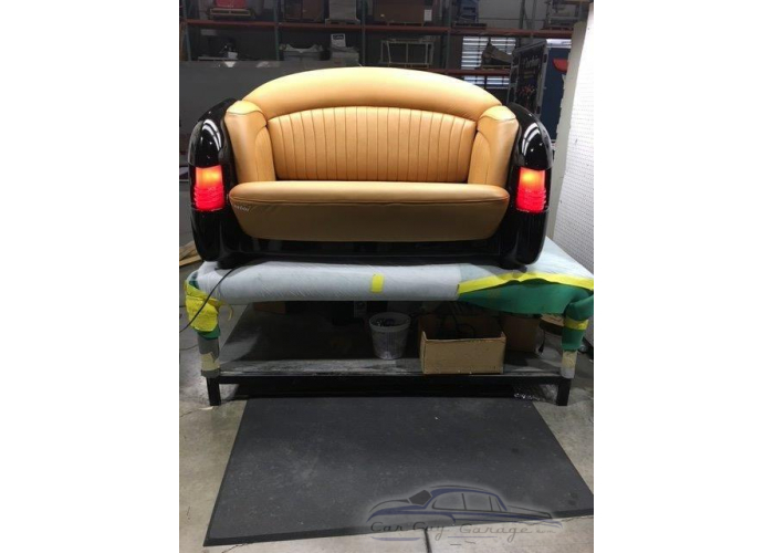 1951 Black Mercury with Flames Tan Leather Couch