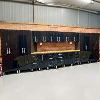 Black Modular 18-Piece Garage Cabinet System with Bamboo Worktops